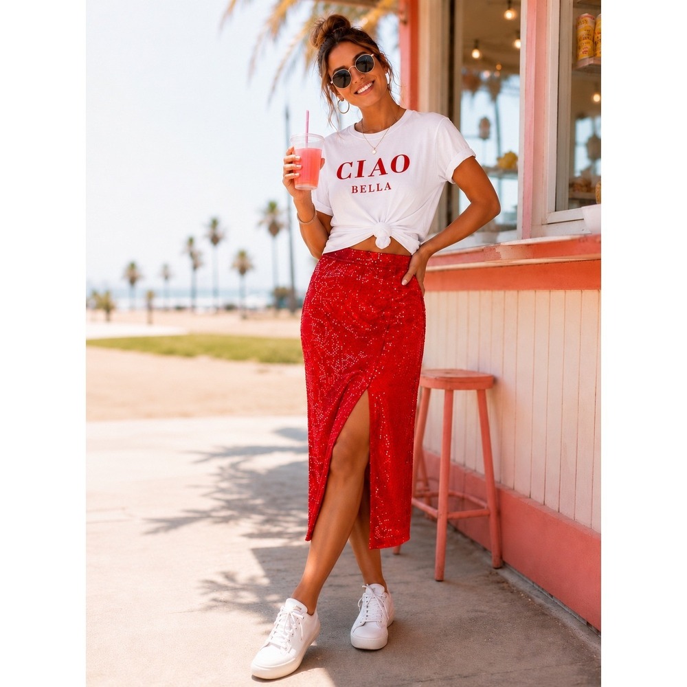 Romantic Red Sequin Midi Skirt Side Slit Festive Holiday Party Glam MCM Sz XL